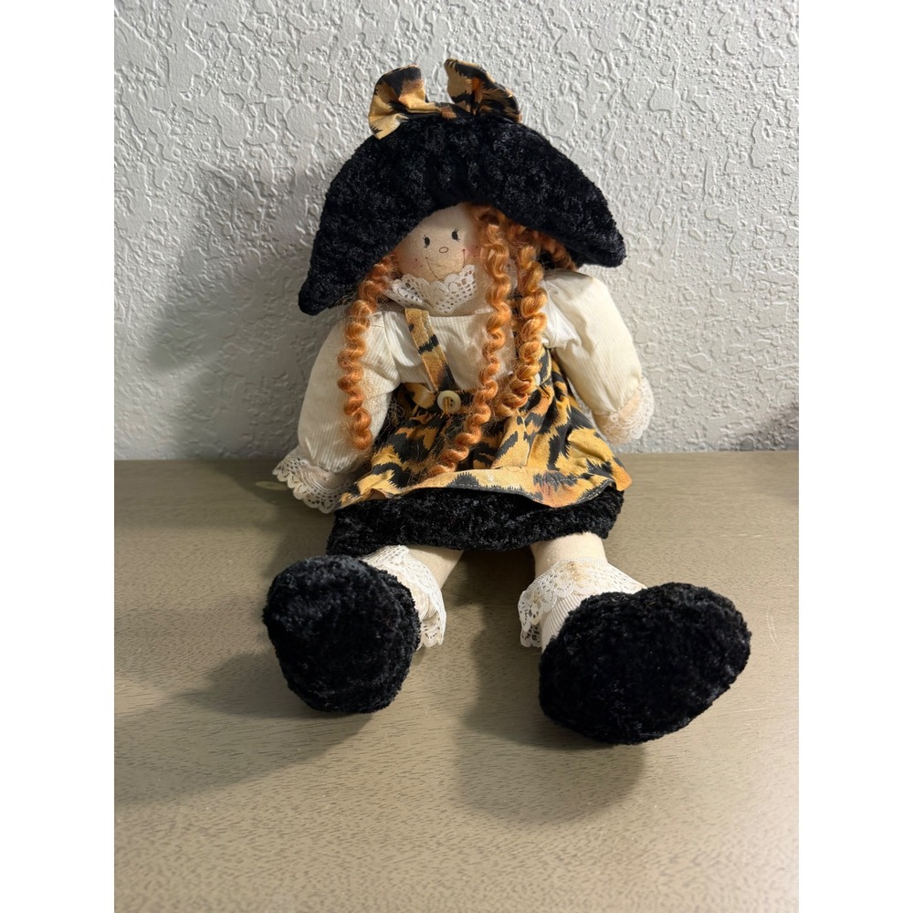 Vintage Rag Doll Leopard Print Jumper Orange Yarn Hair Lace Trim 17 Inch